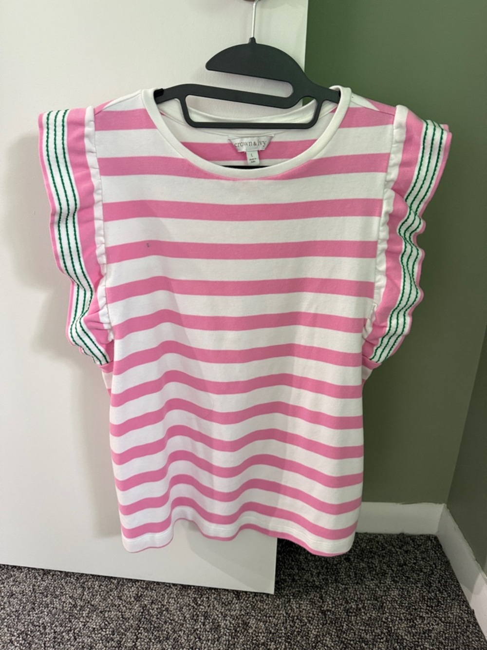 crown & ivy Pink and White Striped Flutter Sleeve Top with Green Trim